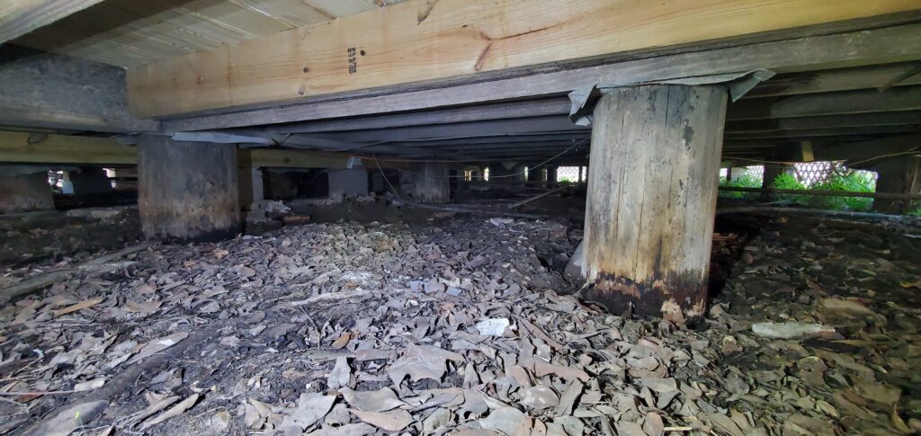 Wood piers in a crawlspace. 